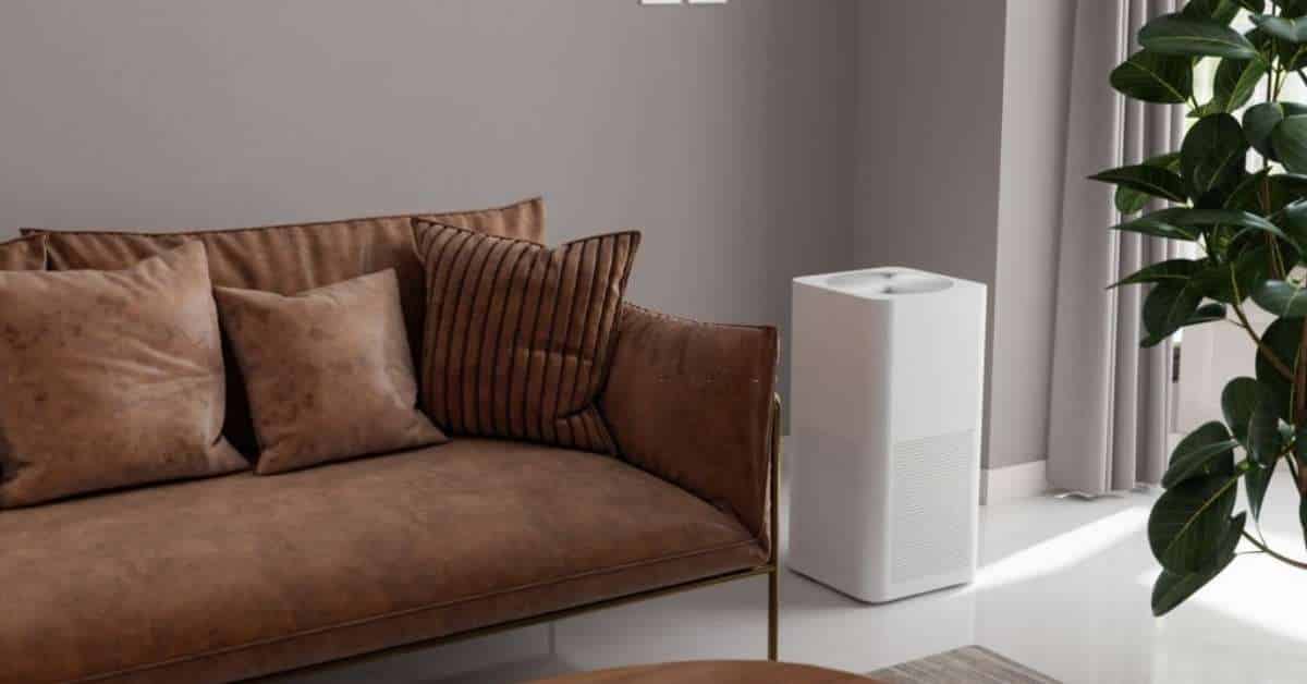 An air purifier inside a modern, minimalist living room