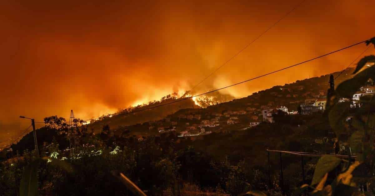 Wildfire blazing through a mountainous region 