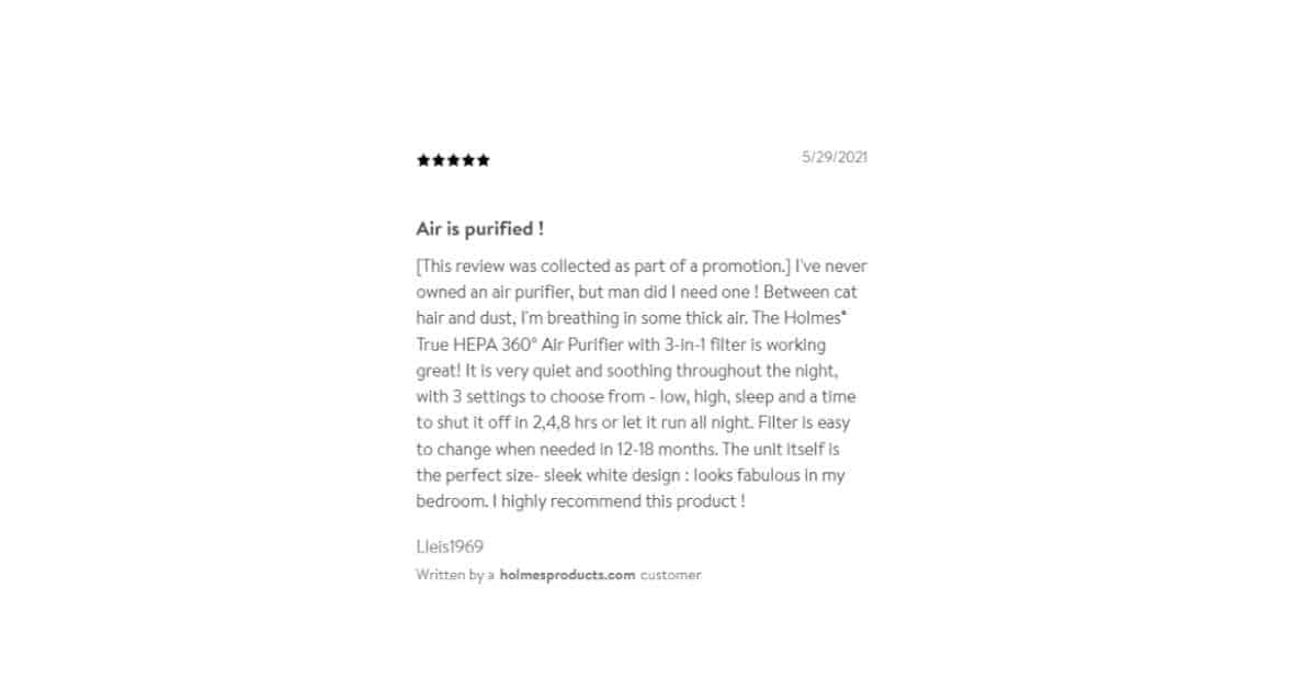 A user review for the Holmes 360 Air Purifier on Walmart