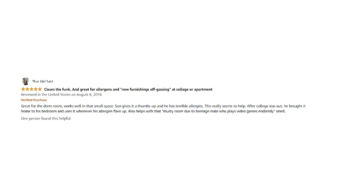 A user review for the Holmes HAP9414 Air Purifier on Amazon