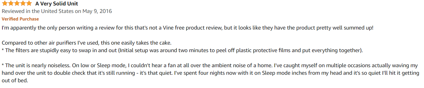 A user review for the Winix 9500 on Amazon