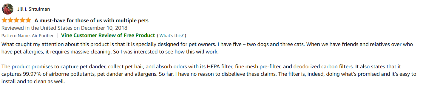 A user review for the Winix HR900 on Amazon