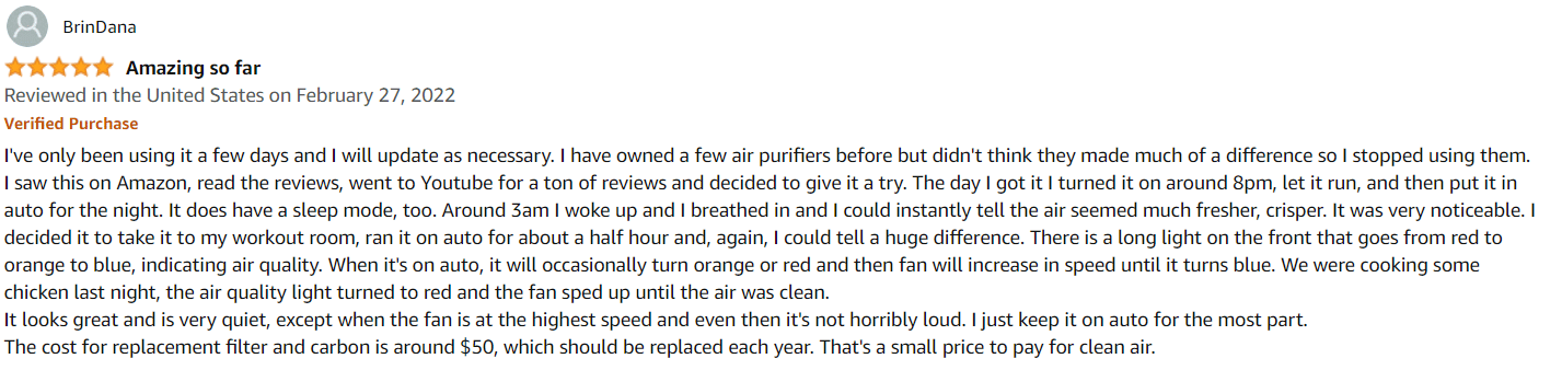 A user review for the Winix P150 on Amazon