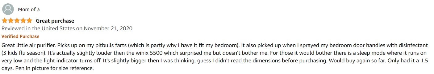 A user review for the Winix A231 on Amazon