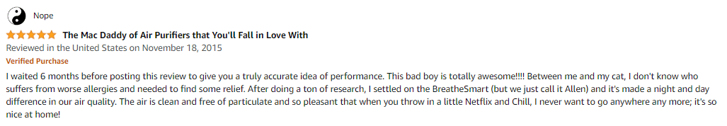 A user review for the Alen BreatheSmart Classic on Amazon