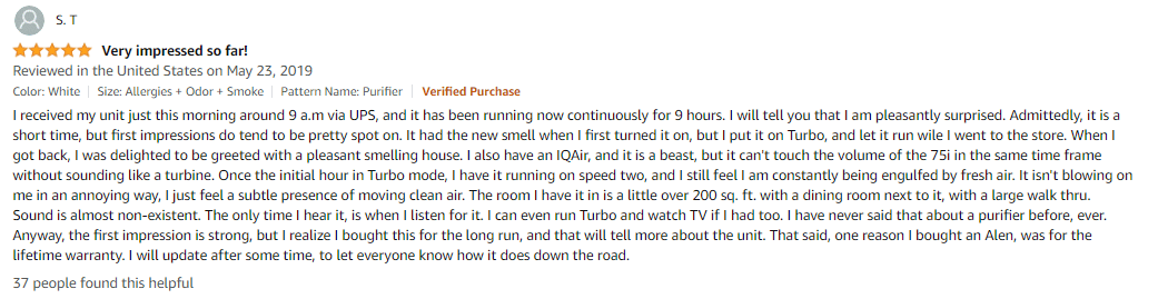 A user review for the Alen BreatheSmart 75i on Amazon