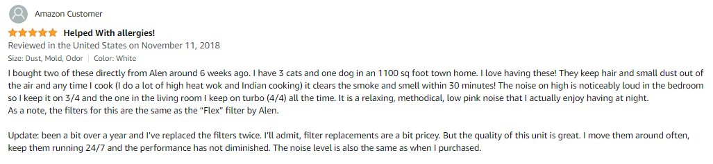 A user review for the Alen BreatheSmart 45i on Amazon