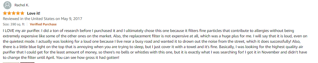A user review for the Honeywell 50250 on Amazon