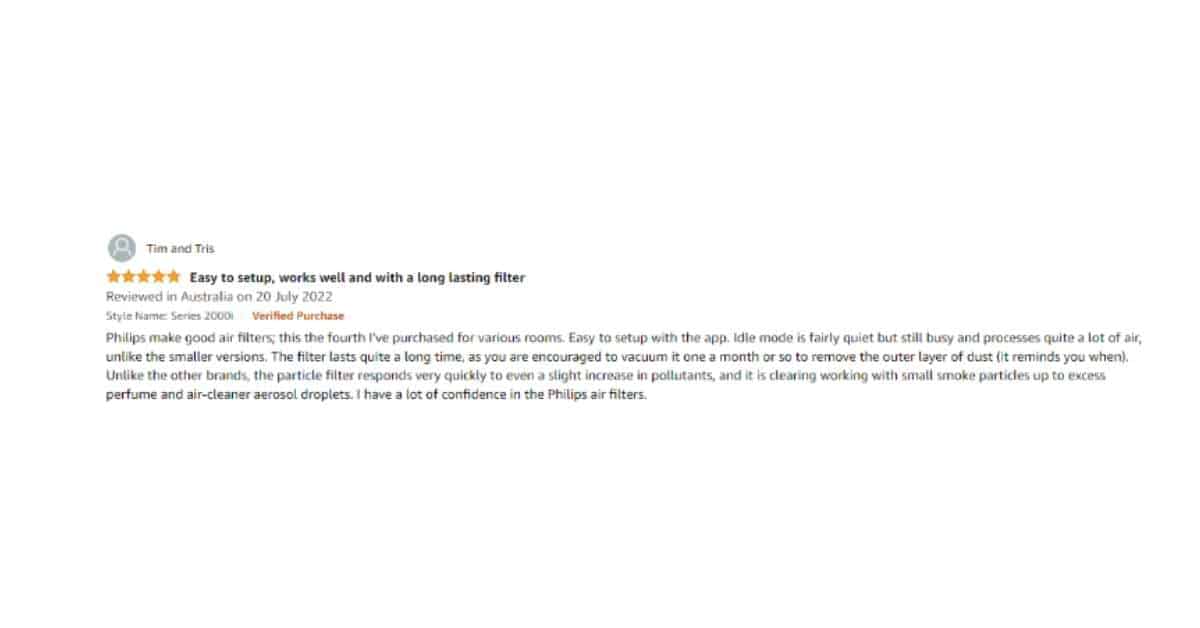 A user review for the Philips 2000I Air Purifier on Amazon