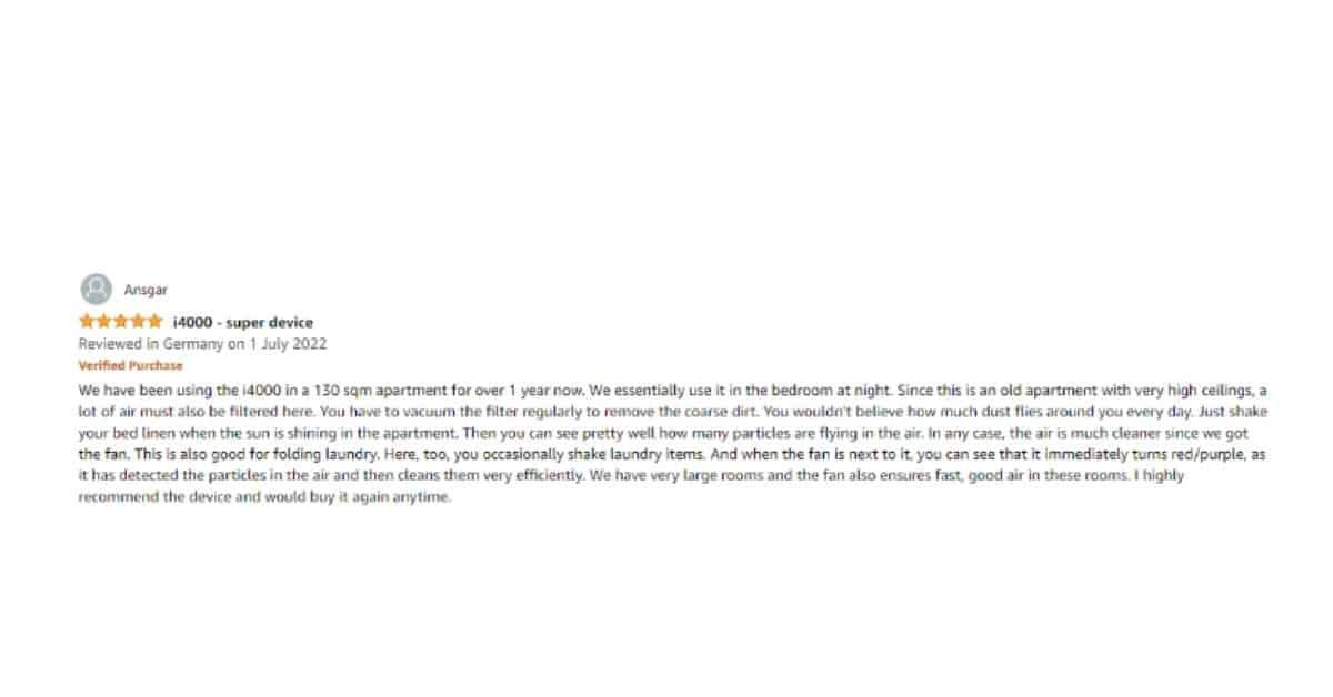 A user review for the Philips 4000I Air Purifier on Amazon