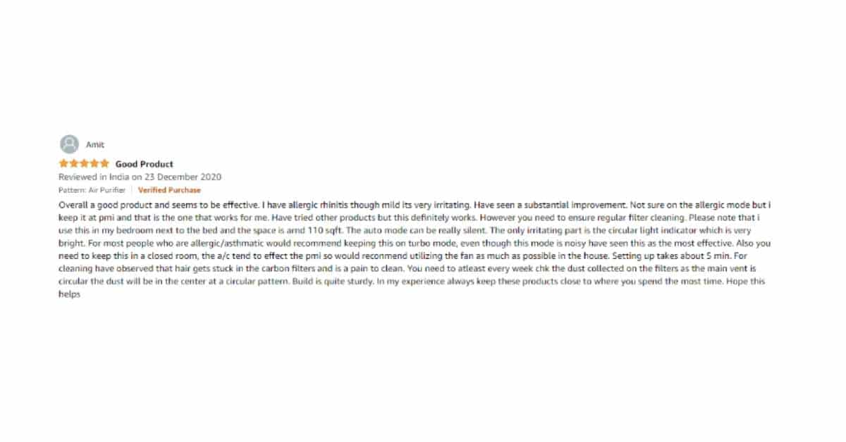 A user review for the Philips Air Purifier 2887 on Amazon