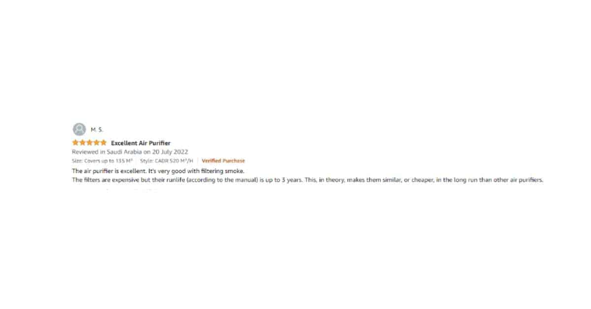 A user review for the Philips Air Purifier 6000 on Amazon