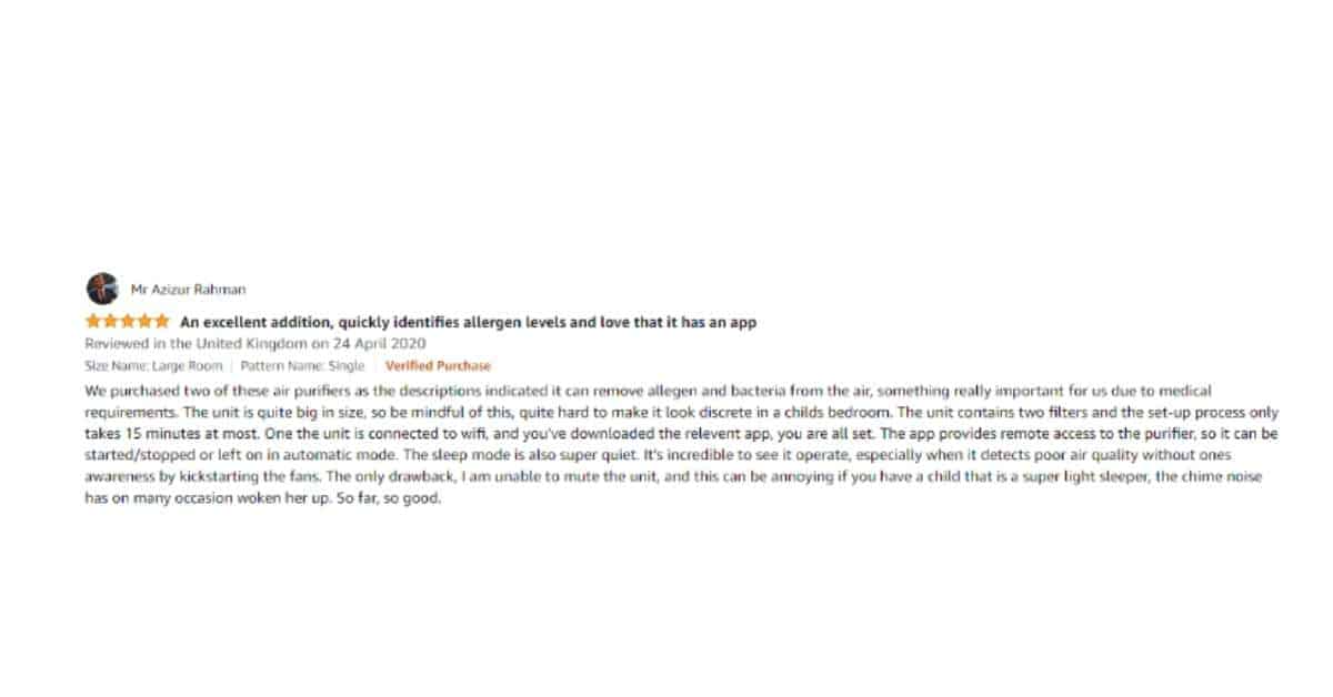 A user review for the Philips Air Purifier AC3259 on Amazon