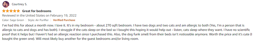 A user review for the Coway Airmega 150 Air Purifier on Amazon