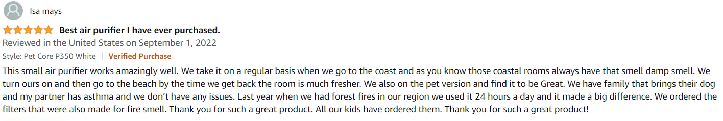 A user review for the Levoit Core 200S Air Purifier on Amazon
