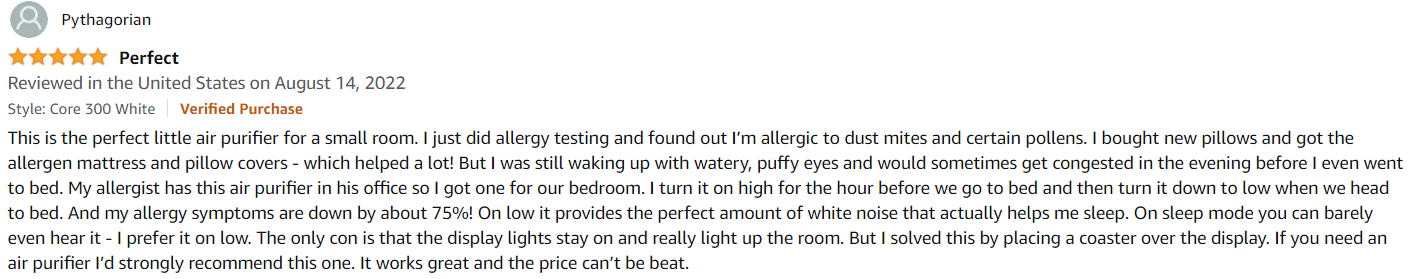 A user review for the Levoit Core 300 Air Purifier on Amazon
