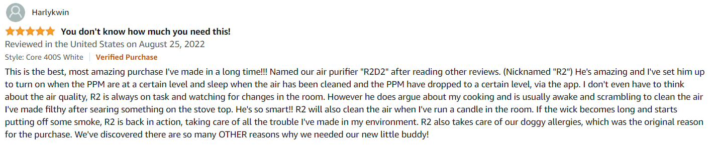 A user review for the Levoit Core 400S Air Purifier on Amazon