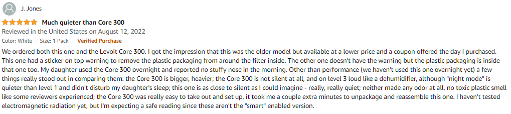 A user review for the Levoit H132 Air Purifier on Amazon