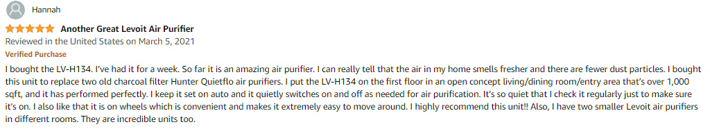 A user review for the Levoit H134 Air Purifier on Amazon