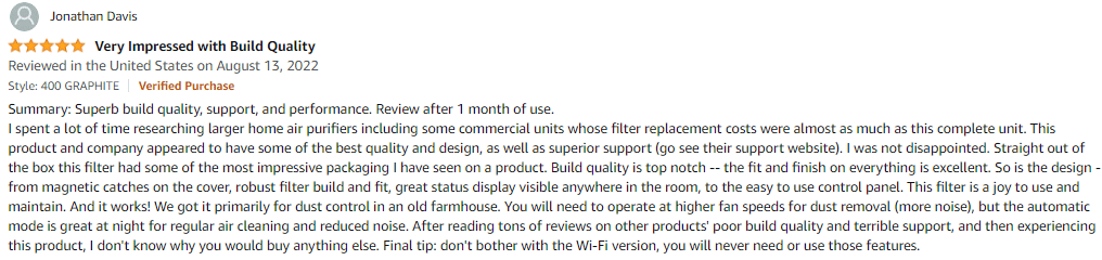 A user review for the Coway Airmega 400 Air Purifier on Amazon
