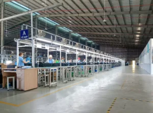 Workers assembling air purifiers on the production line at HisoAir’s Vietnam factory