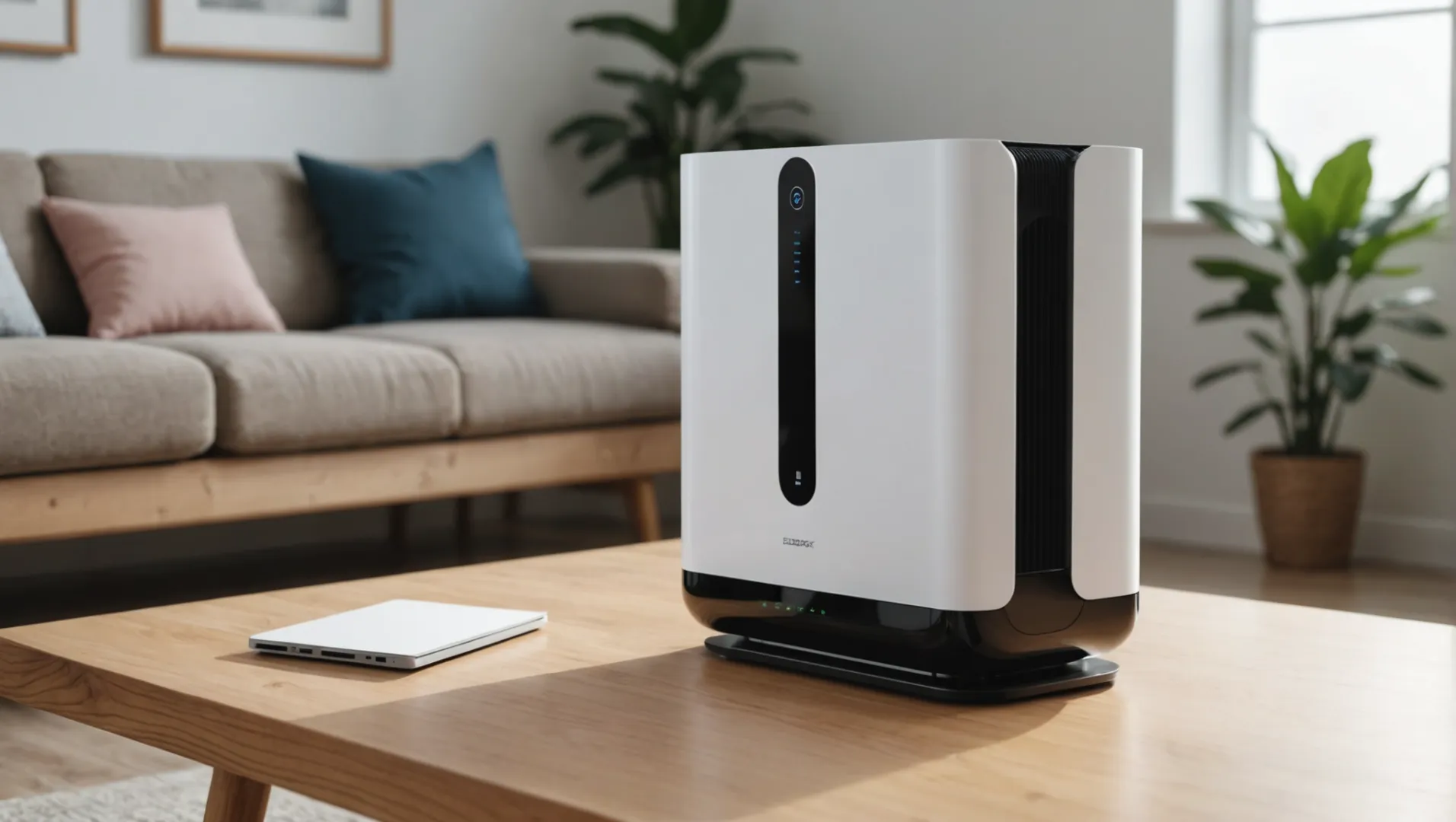 Advanced air purifier with unique features on a modern living room table