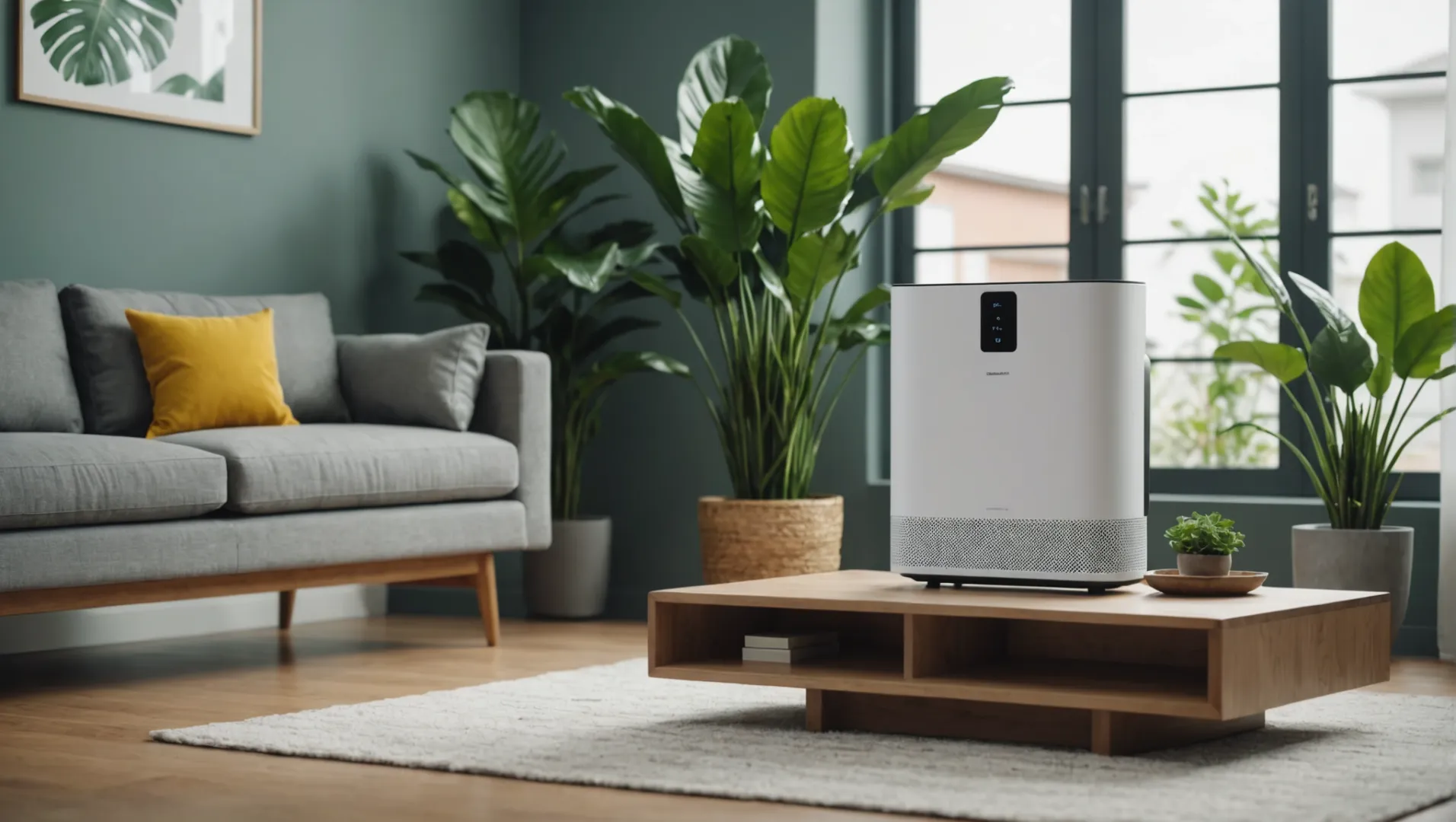 A modern air purifier with advanced technology features in a stylish living room.