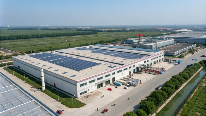 Aerial view of a large modern manufacturing facility with green landscapes.