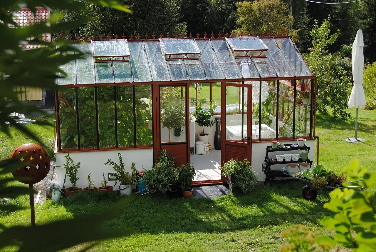 Glass Greenhouse in a Lush Garden Setting with Open Doors and Greenery