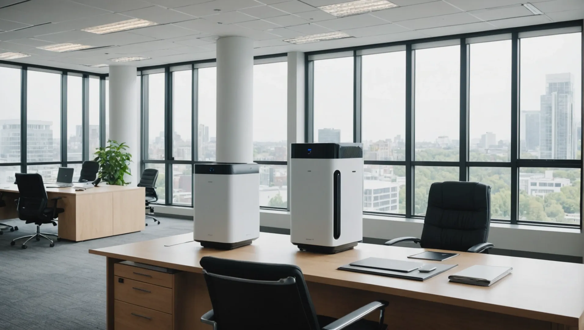 Advanced air purifier operating in a modern office setting