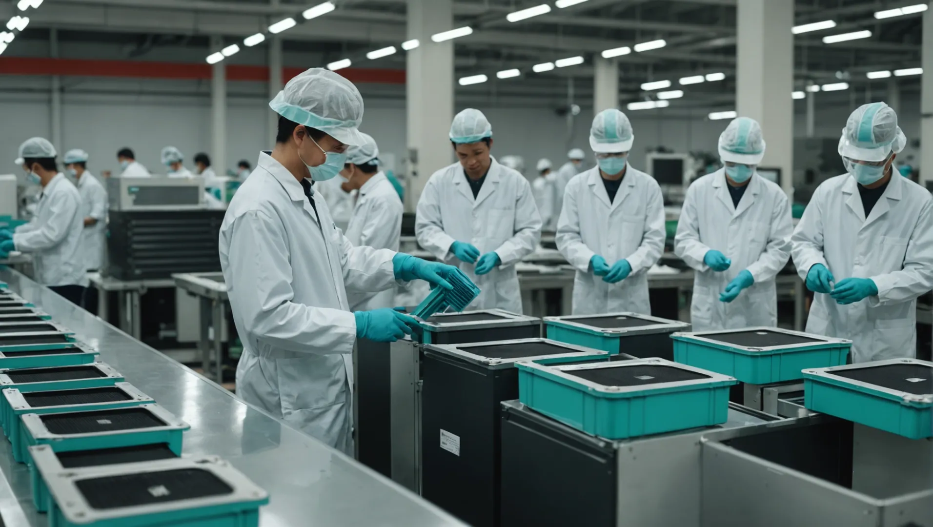 Factory workers inspecting air purifiers on an assembly line.