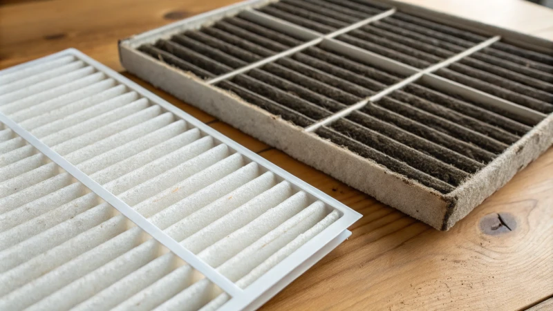 A comparison of a clean and dirty air filter on a wooden surface