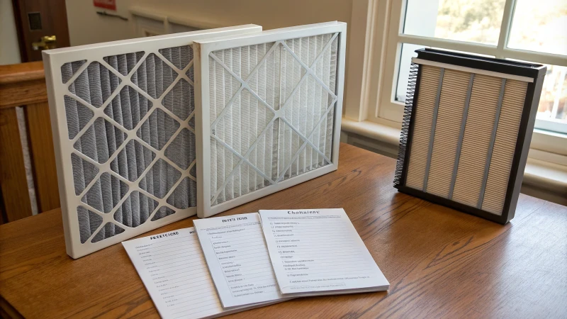 Various air filters displayed on a wooden table with a notepad