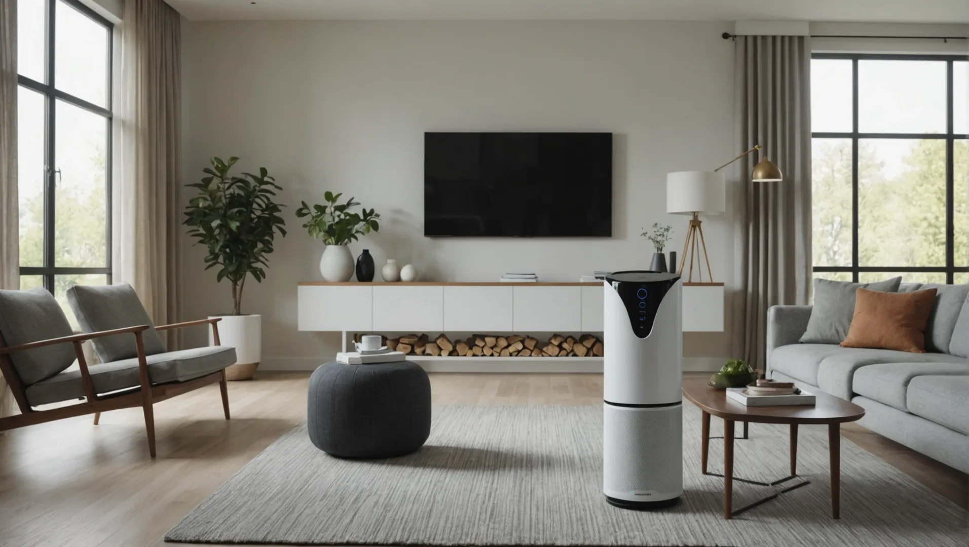 Air purifier in a living room following the AHAM 2/3 rule