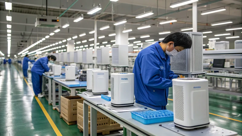 Workers assembling air purifiers in a modern factory