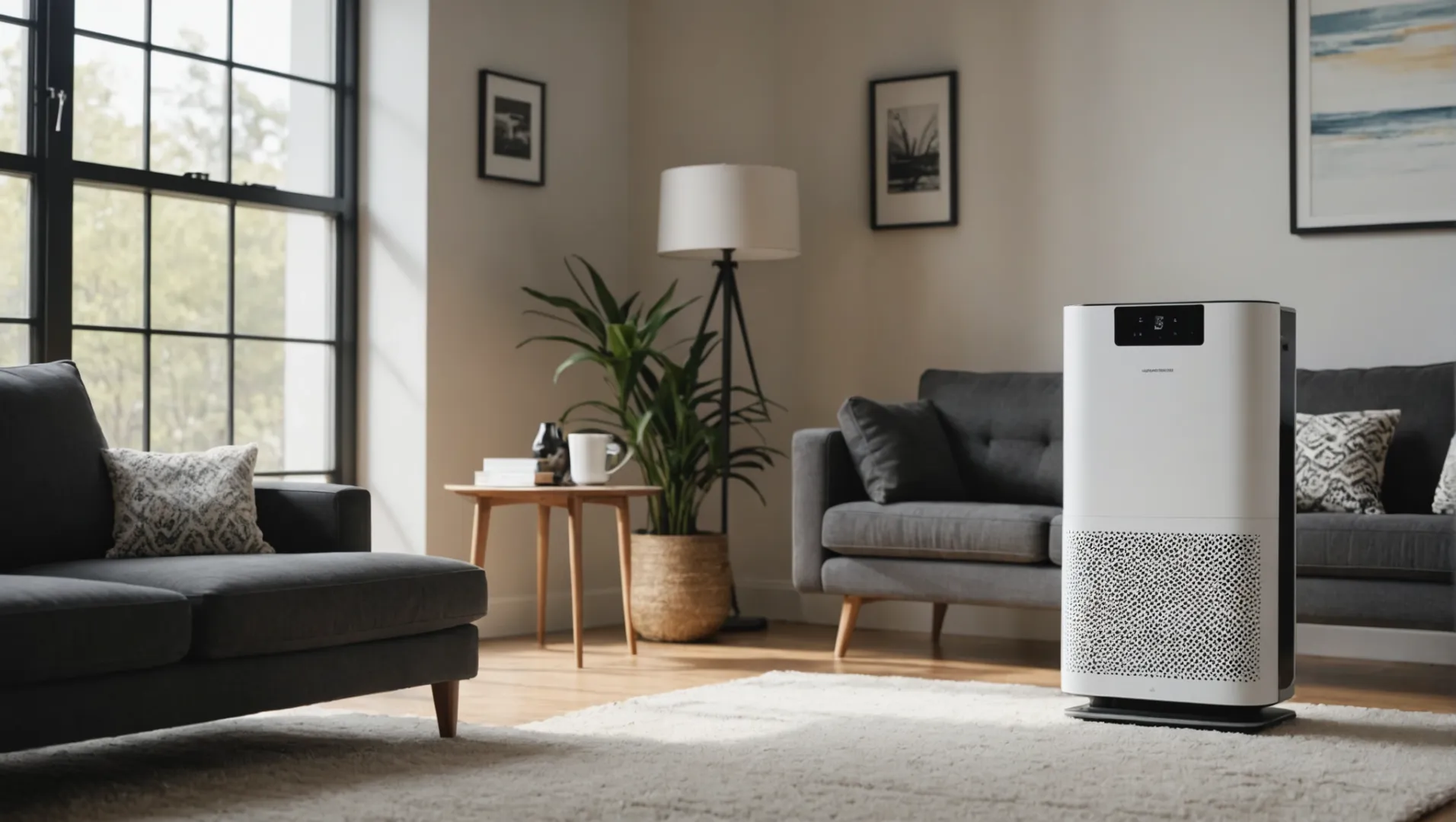 Air purifier with certification labels in a modern living room