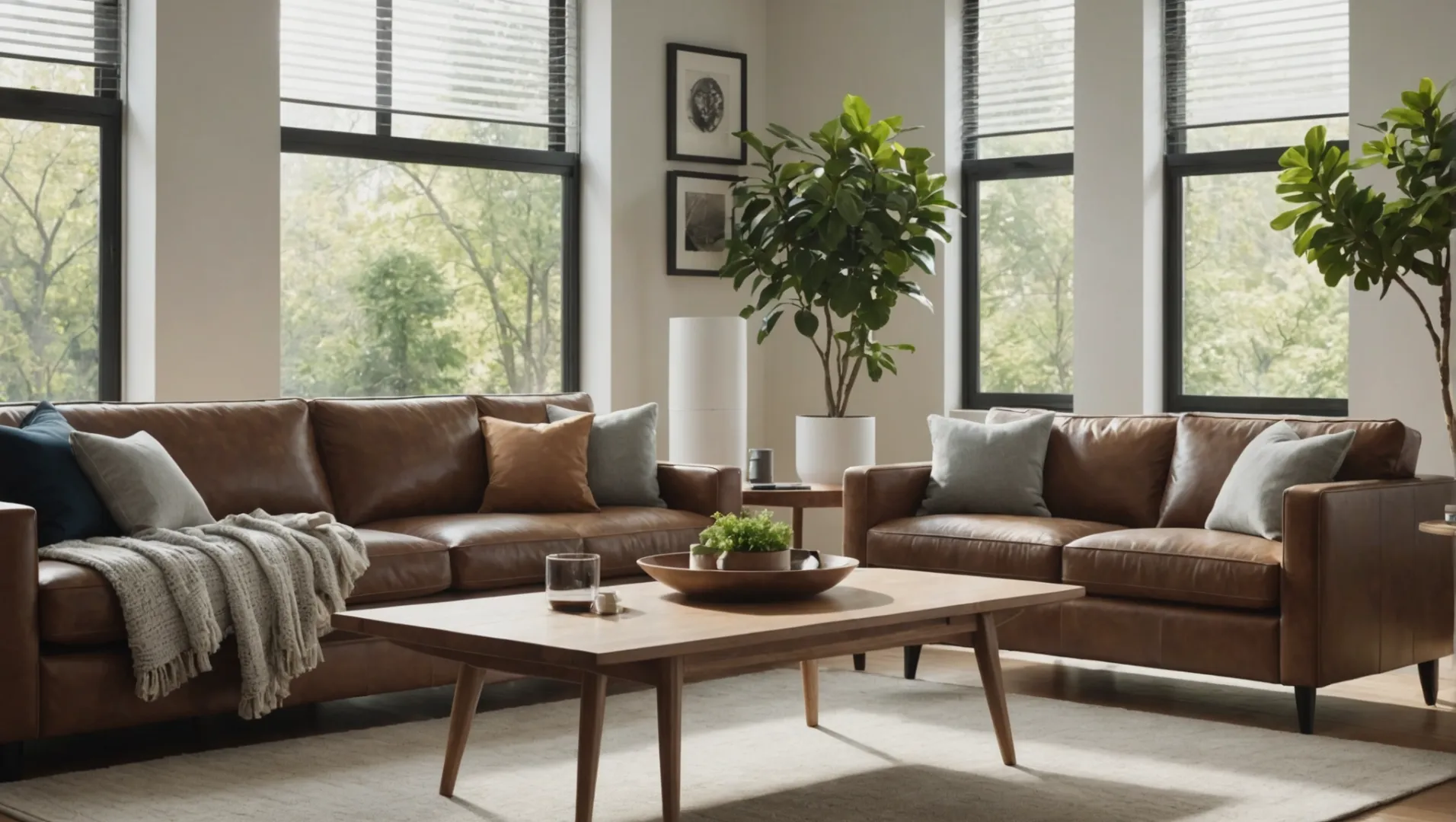 Modern air purifier in a cozy living room during COVID-19 pandemic