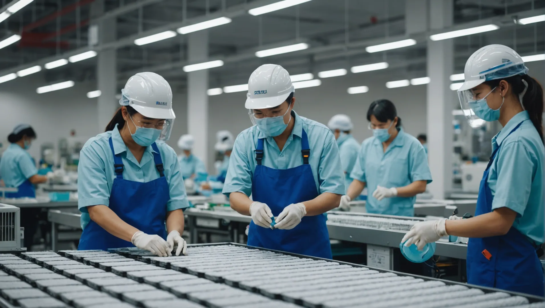 Inside an air purifier factory with workers assembling units