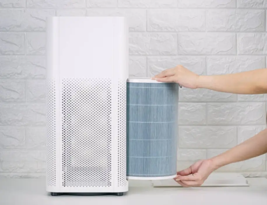 Person cleaning air purifier pre-filter with a vacuum in a modern living room