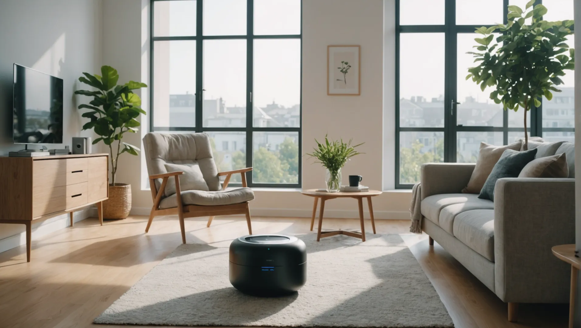 An air purifier in a modern living room setting with sunlight filtering through a window.