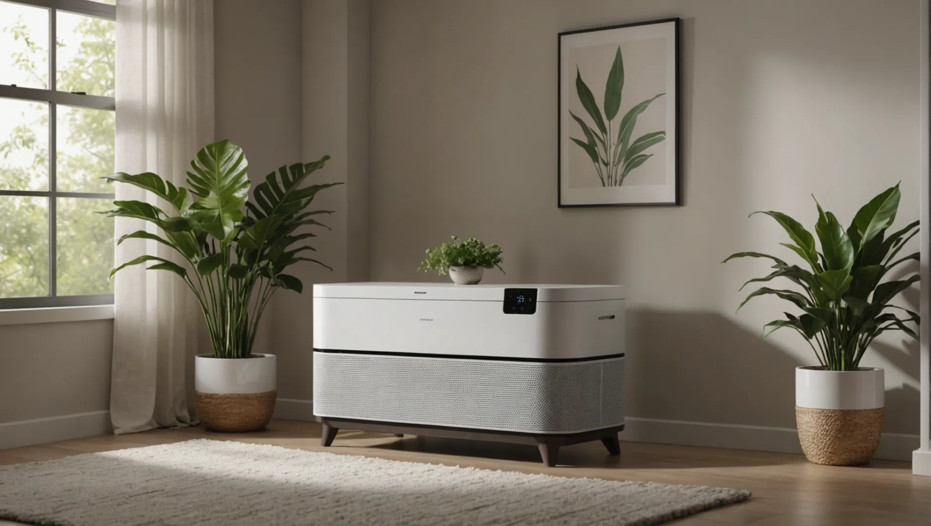 Air purifier in a modern bedroom setting with serene ambiance