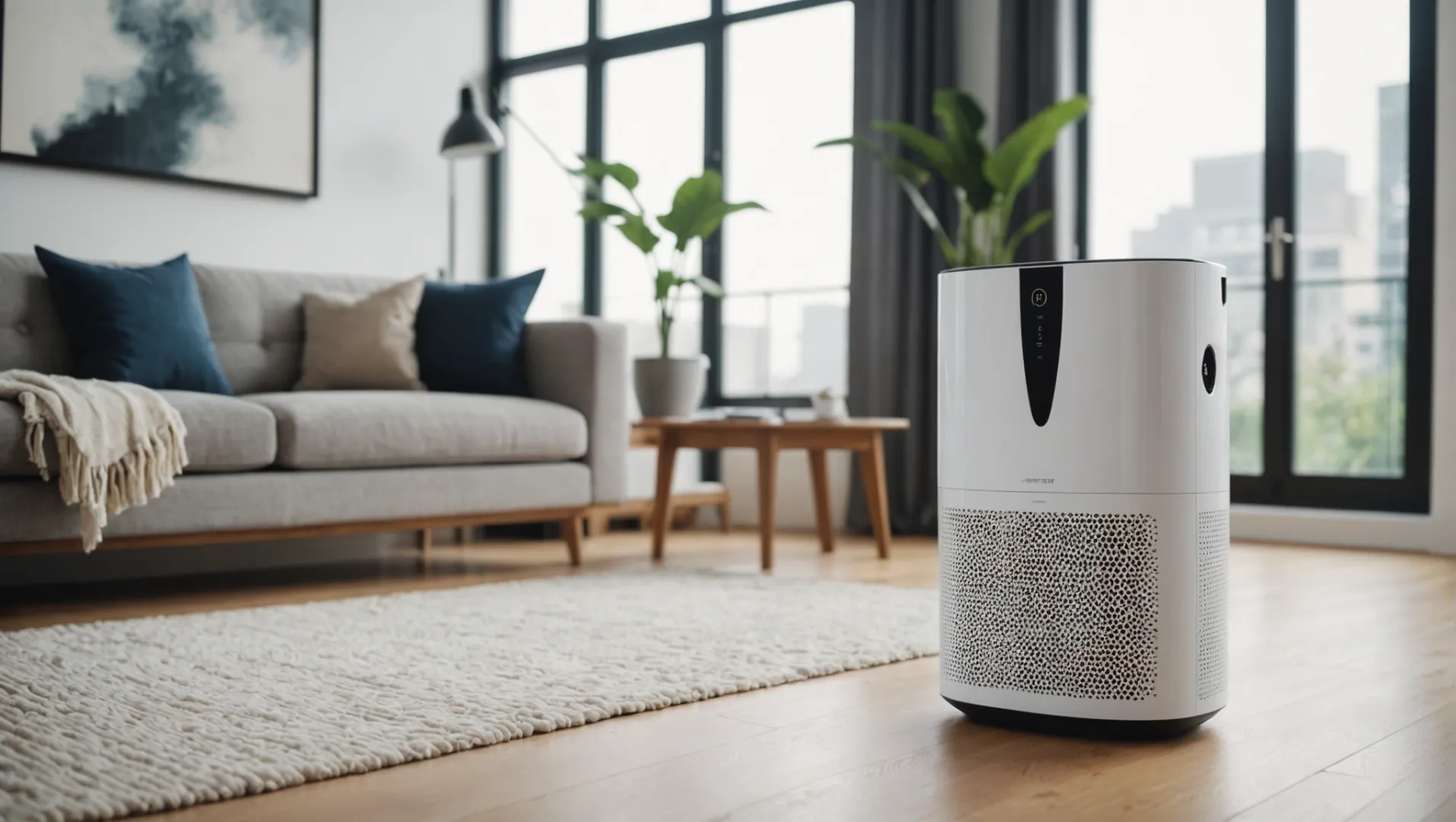 An air purifier in a modern living room