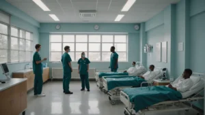 Air purifier in a school hospital setting with students and medical staff