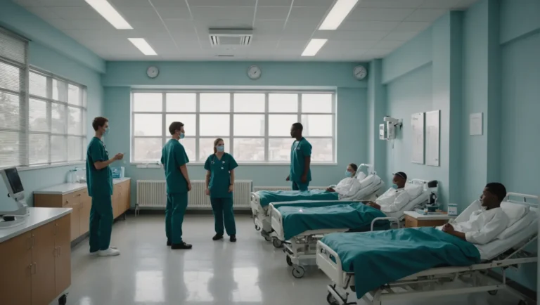 Air purifier in a school hospital setting with students and medical staff