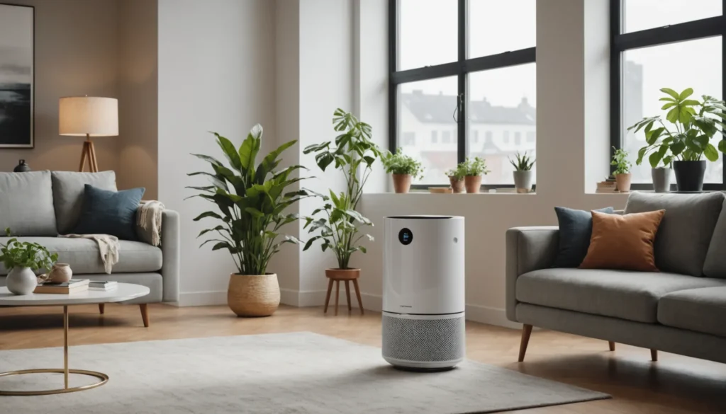 A modern air purifier in a minimalist room with greenery, representing key factors in manufacturer selection.