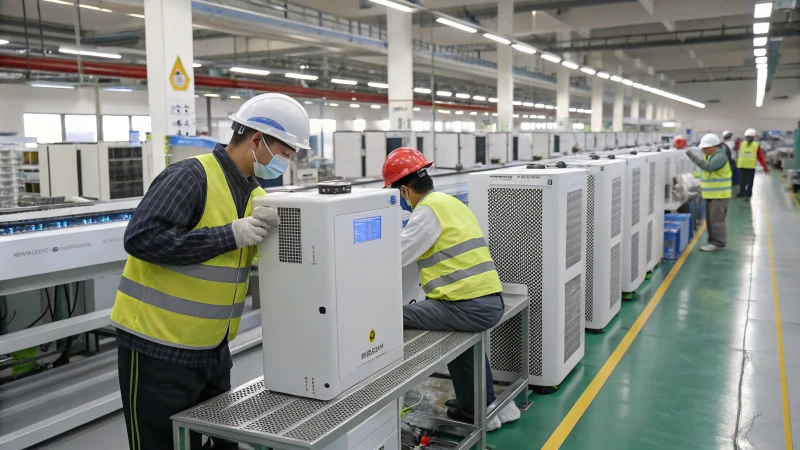 Workers assembling air purifiers in a high-tech manufacturing facility