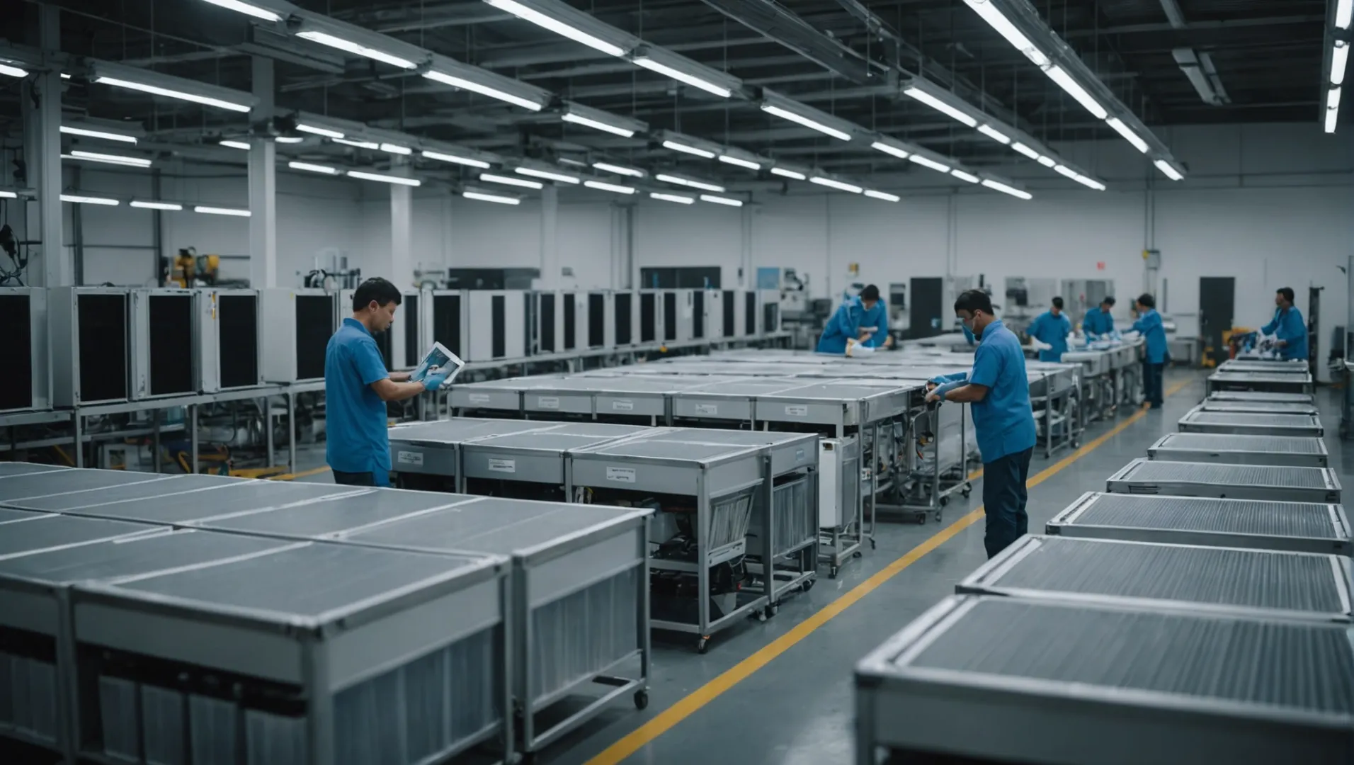 Workers assembling air purifiers on a production line