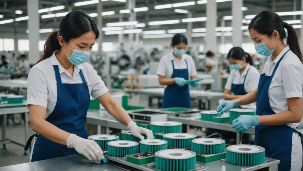 Chaîne de production de purificateurs d'air dans une usine d'Asie du Sud-Est, illustrant un équipement de fabrication moderne et une main-d'œuvre diversifiée.