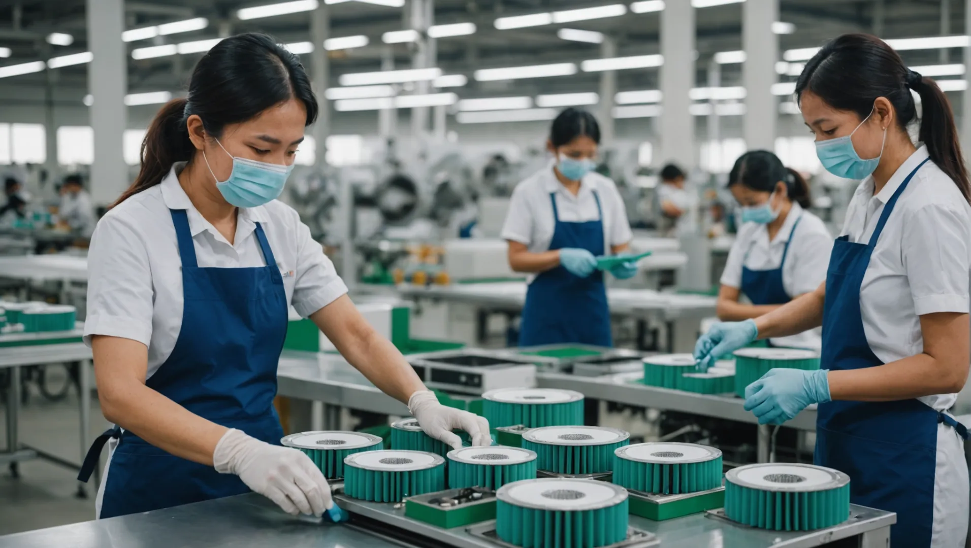 An air purifier production line in a Southeast Asian factory, depicting modern manufacturing equipment and diverse workforce.