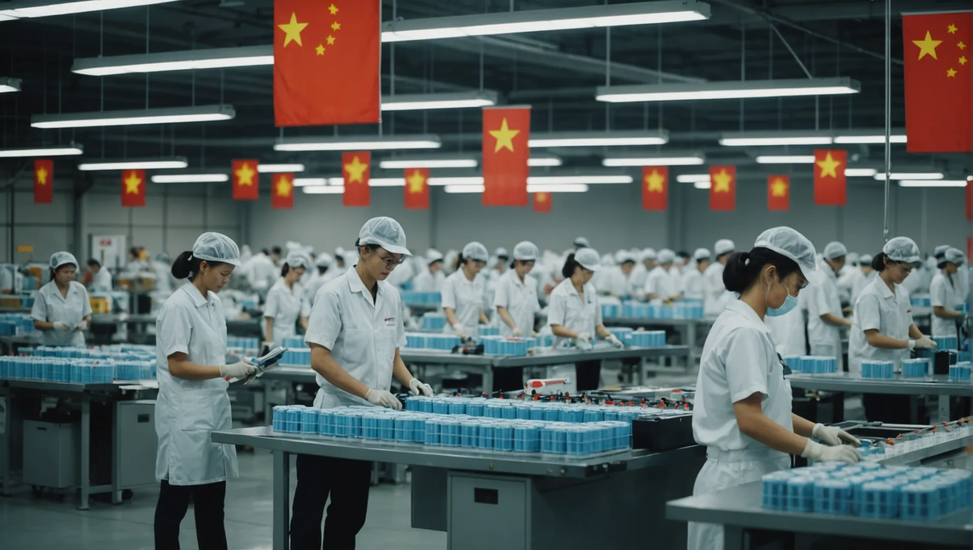 A factory interior with air purifier assembly line, workers in uniforms, and flags of China and Thailand.